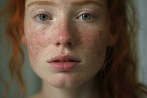 une proche en haut de une femme avec taches de rousseur, rosacée couperose rougeur peau ai généré photo