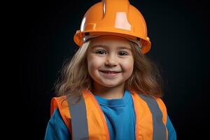 portrait de une souriant peu fille dans une construction casque ai généré photo