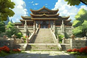 asiatique temple vue anime visuel roman jeu. produire ai photo