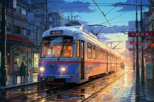 ville tram nuit anime visuel roman jeu. produire ai photo