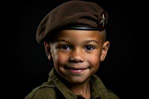 portrait de une mignonne peu garçon dans militaire uniforme sur foncé Contexte ai généré photo