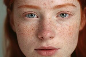 une proche en haut de une femme avec taches de rousseur ai généré photo