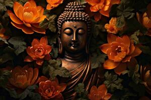 Bouddha statue entouré par Orange fleurs sur une noir Contexte ai généré photo