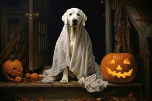 Halloween thème. chien dans fantôme costume avec citrouilles sur foncé Contexte ai généré photo