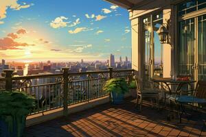 balcon Matin anime visuel roman jeu. produire ai photo