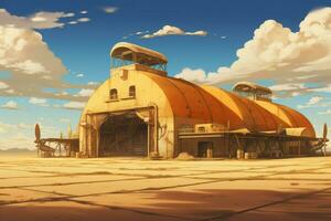 aérodrome hangar anime visuel roman jeu. produire ai photo