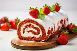 rouge velours rouleau gâteau fraise. produire ai photo