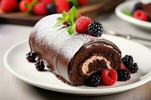 Chocolat gâteau rouleau aliments. produire ai photo