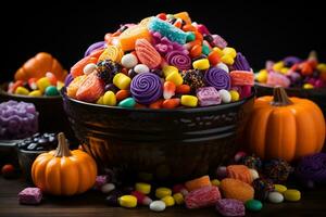 ai généré. Halloween des sucreries et bonbons sur foncé Contexte photo