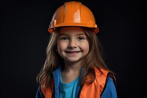 portrait de une souriant peu fille dans une construction casque ai généré photo