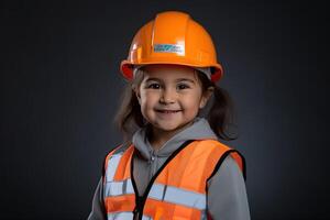 portrait de une souriant peu fille dans une construction casque ai généré photo