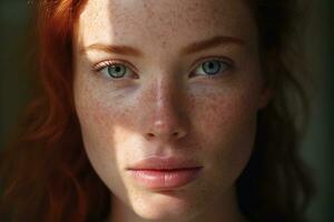 une proche en haut de une femme avec taches de rousseur, rosacée couperose rougeur peau ai généré photo