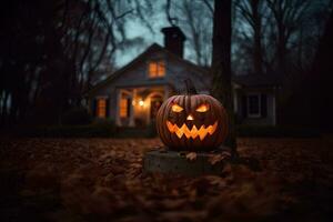 Halloween citrouilles dans de face de une maison à nuit, Halloween Contexte ai généré photo