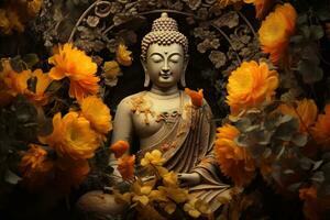 une d'or Bouddha statue entouré par fleurs ai généré photo