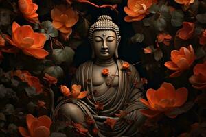 Bouddha statue entouré par Orange fleurs sur une noir Contexte ai généré photo