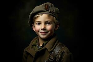 portrait de une mignonne peu garçon dans militaire uniforme sur foncé Contexte ai généré photo