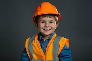 portrait de une mignonne peu garçon dans une construction casque ai généré photo