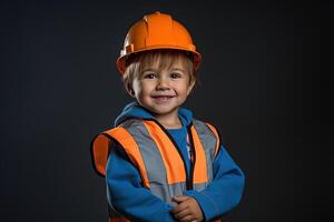 portrait de une mignonne peu garçon dans une construction casque ai généré photo