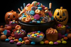 ai généré. Halloween des sucreries et bonbons sur foncé Contexte photo