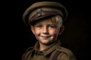 portrait de une mignonne peu garçon dans militaire uniforme sur foncé Contexte ai généré photo