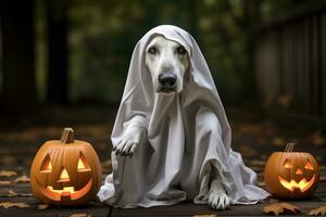 Halloween thème. chien dans fantôme costume avec citrouilles sur foncé Contexte ai généré photo