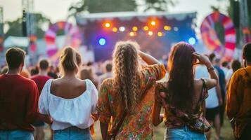 arrière vue de groupe de Jeune copains en train de regarder été Festival photo