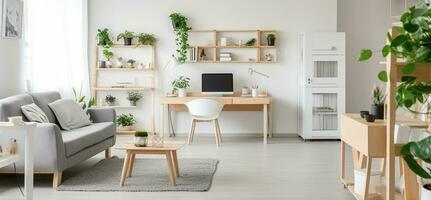 fonctionnel simplicité. blanc intérieur avec gris canapé, en bois détails, et étude coin photo