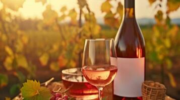 récolte temps. deux des lunettes et bouteille de le Rose du vin dans l'automne vignoble. génératif ai photo