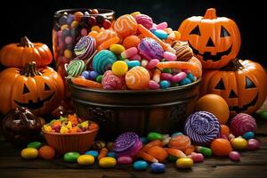 ai généré. Halloween des sucreries et bonbons sur foncé Contexte photo