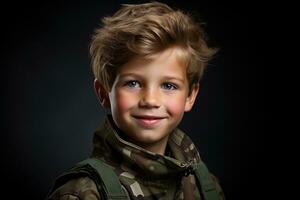 portrait de une mignonne peu garçon dans militaire uniforme sur foncé Contexte ai généré photo