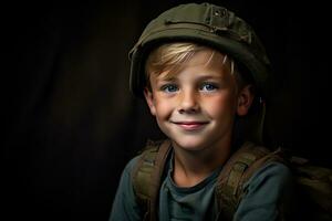 portrait de une mignonne peu garçon dans militaire uniforme sur foncé Contexte ai généré photo