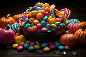 ai généré. Halloween des sucreries et bonbons sur foncé Contexte photo