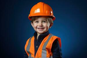 portrait de une mignonne peu garçon dans une construction casque ai généré photo