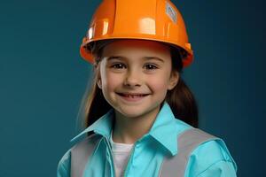 portrait de une souriant peu fille dans une construction casque ai généré photo