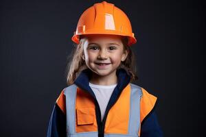 portrait de une souriant peu fille dans une construction casque ai généré photo