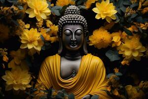 une d'or Bouddha statue entouré par fleurs ai généré photo