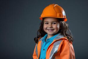 portrait de une souriant peu fille dans une construction casque ai généré photo