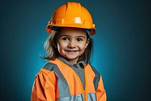 portrait de une souriant peu fille dans une construction casque ai généré photo