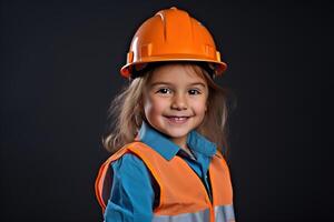 portrait de une souriant peu fille dans une construction casque ai généré photo