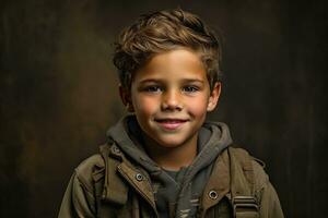 portrait de une mignonne peu garçon dans militaire uniforme sur foncé Contexte ai généré photo