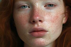 une proche en haut de une femme avec taches de rousseur ai généré photo