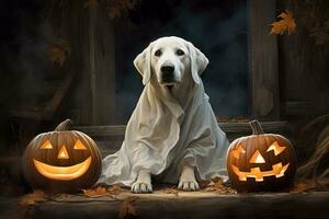 Halloween thème. chien dans fantôme costume avec citrouilles sur foncé Contexte ai généré photo