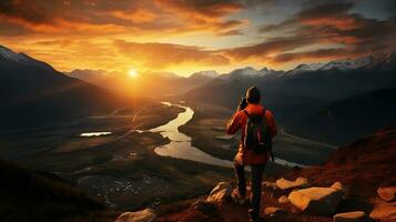 silhouette de une la personne sur le Haut de Montagne à coucher de soleil, génératif ai photo