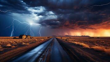 orage et foudre plus de abandonné route dans le désert. génératif ai photo