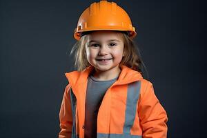 portrait de une souriant peu fille dans une construction casque ai généré photo