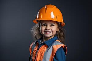 portrait de une souriant peu fille dans une construction casque ai généré photo