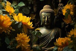 une d'or Bouddha statue entouré par fleurs ai généré photo