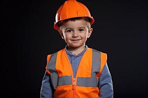 portrait de une mignonne peu garçon dans une construction casque ai généré photo