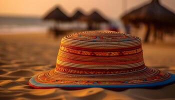 tropical chaleur, paille chapeau, bleu littoral, le coucher du soleil généré par ai photo