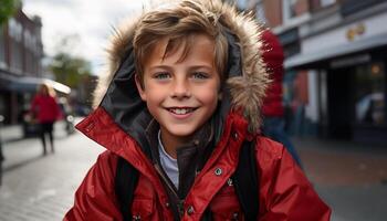 souriant enfant en plein air, de bonne humeur hiver garçons, bonheur dans caucasien l'ethnie généré par ai photo